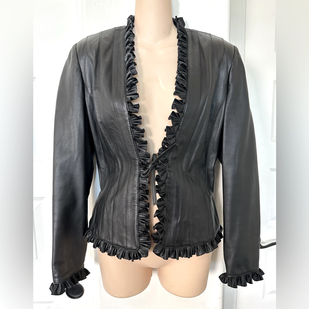 Vintage 90s St John black leather & silk tie front blazer jacket